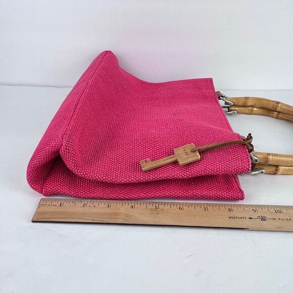 Fossil Bamboo Wooden Handle Woven Satchel Coral Salmon Pink Purse Hand Bag - Picture 10 of 11
